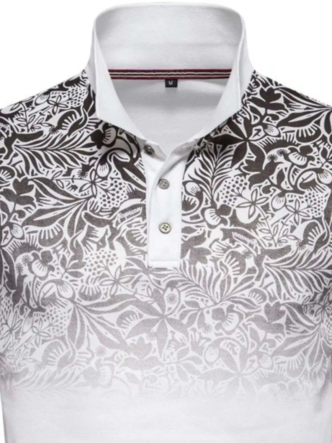Men's printed collared neck short sleeve polo with black and white floral design.