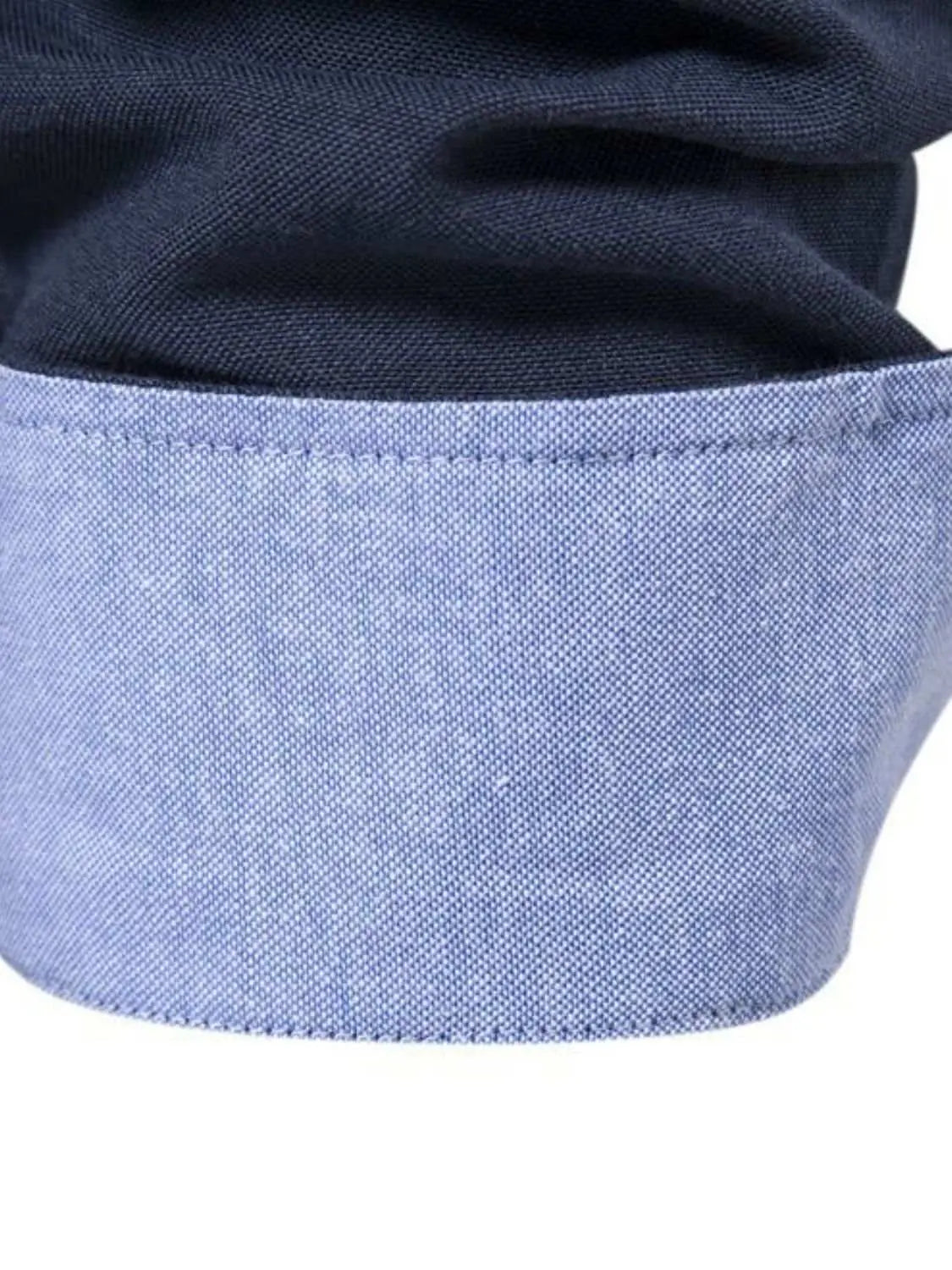 Men's button down shirt sleeve detail in navy and light blue.