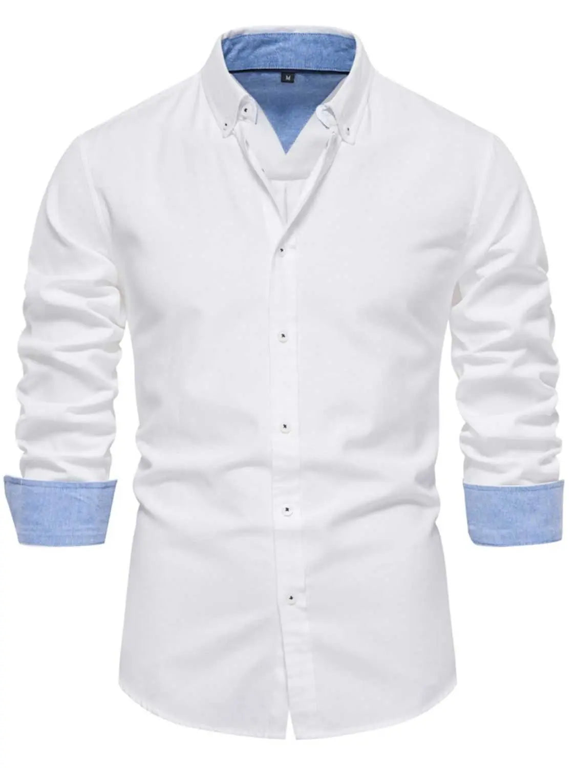 Men's button down collared neck shirt in white with blue cuffs, slightly stretchy, 70% cotton, 30% polyester.