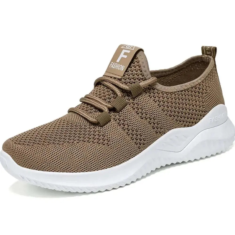 Breathable mesh lace-up athletic shoe with rubber sole, brown color.