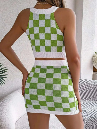 Checkered Grecian neck cami and skirt sweater set in green and white checkered pattern.