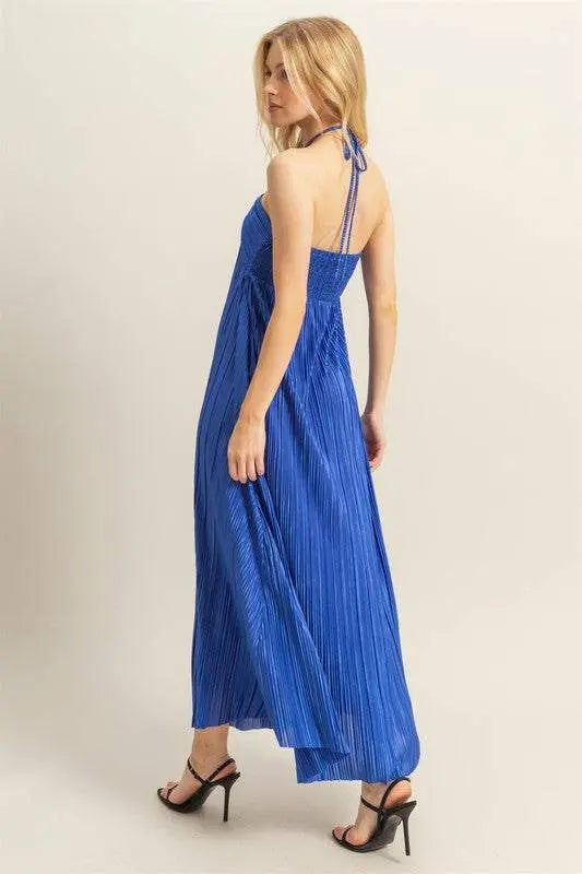 HYFVE Knotted Detail Halter Neck Flowy Maxi Dress in blue, featuring a chic knotted design and elegant silhouette.