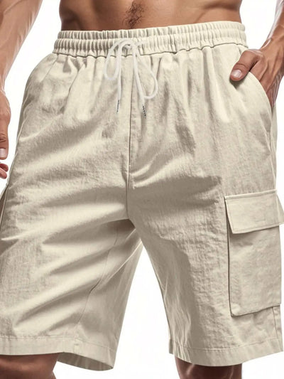 Men's full-size drawstring shorts with cargo pockets, 100% polyester.