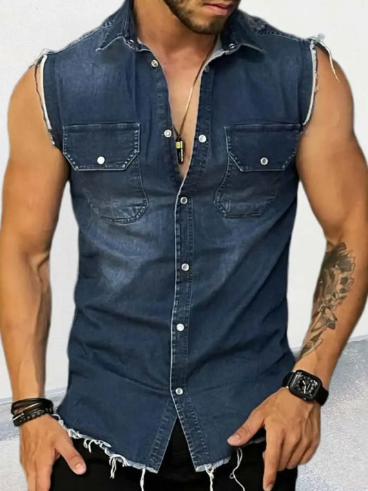 Men's snap down sleeveless denim shirt with pocket detail.