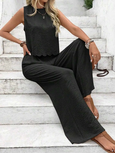 Tie back round neck top and pants set with bow detail, two-piece, no stretch, polyester blend.