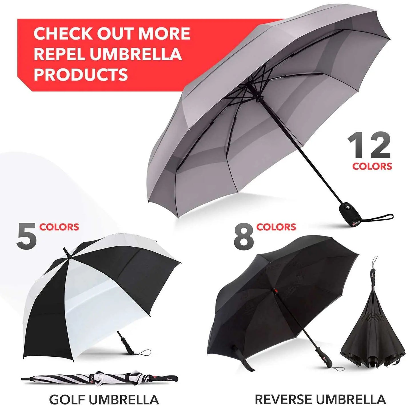 Repel Umbrella Windproof travel umbrellas in various colors, featuring durable fiberglass frames and waterproof canopies, ideal for travel and protection against wind and rain.