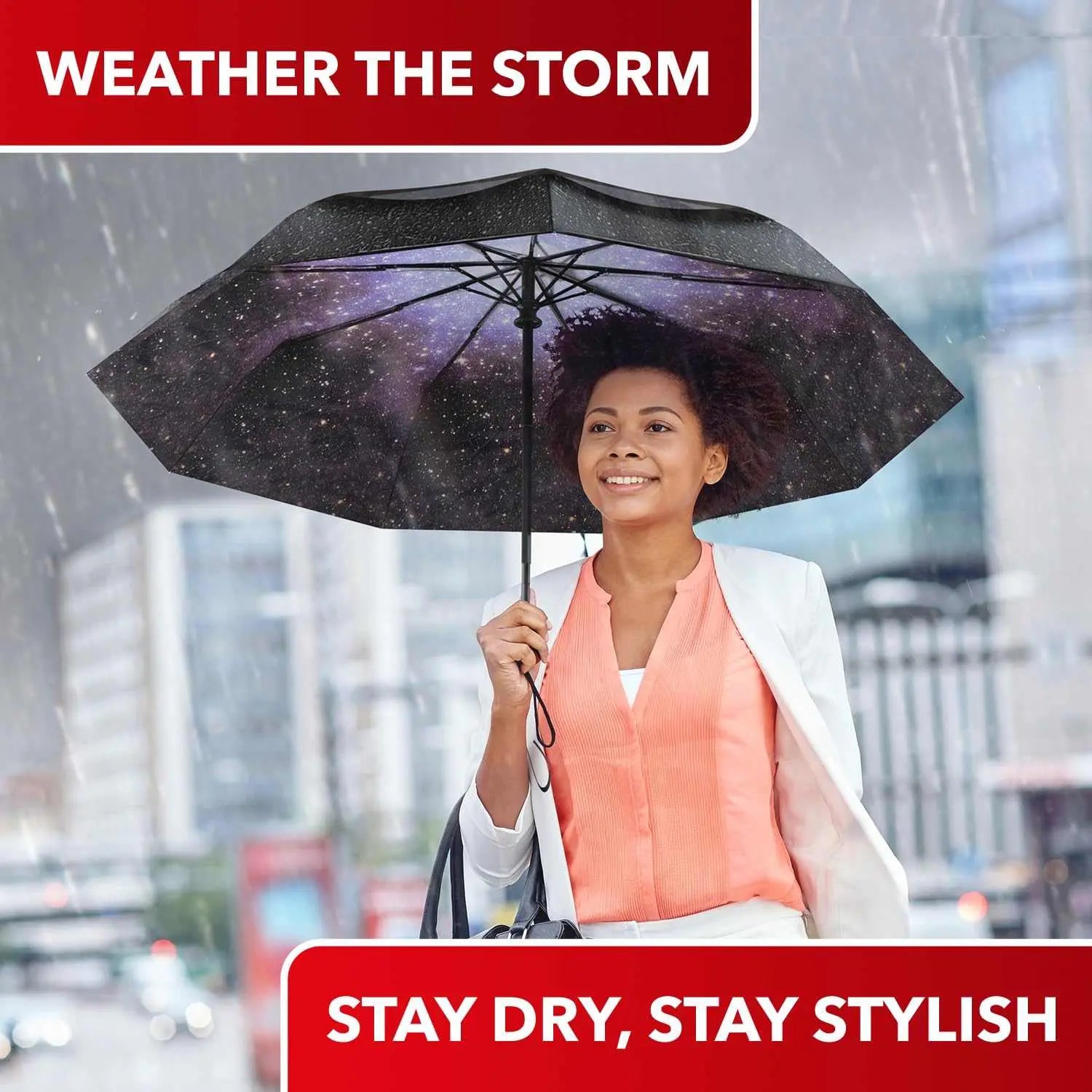 Women using the Repel Umbrella Windproof Travel Umbrella in the rain, showcasing its durability and compact design.