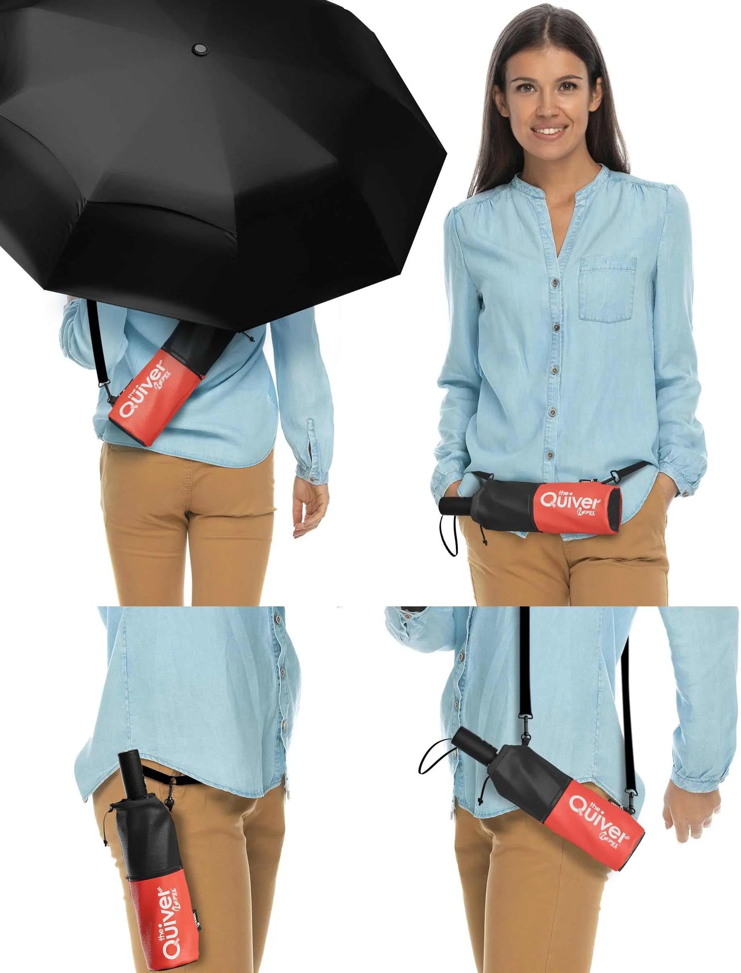 Repel Umbrella Windproof, compact travel umbrella with auto open/close, durable black canopy, carried by person.