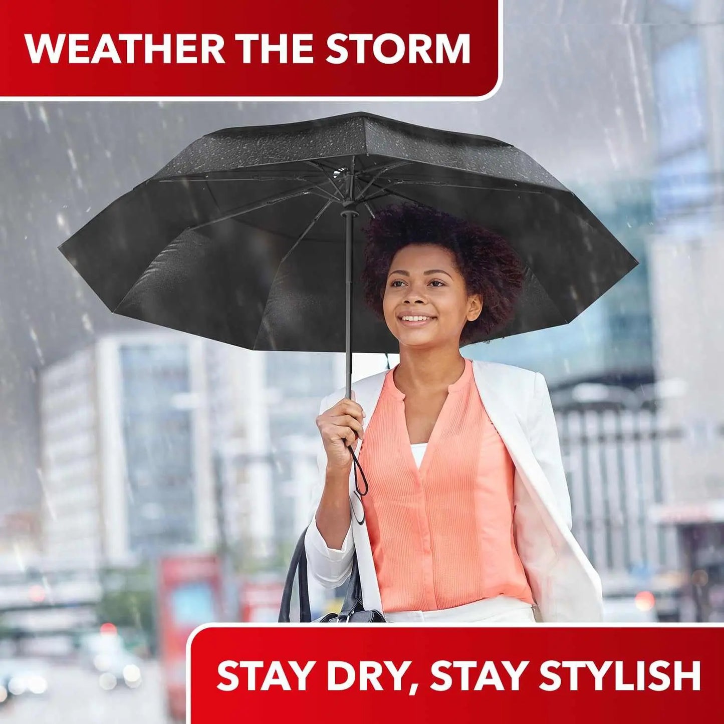 Person using Repel Umbrella Windproof in city rain, showcasing its durable and stylish design.