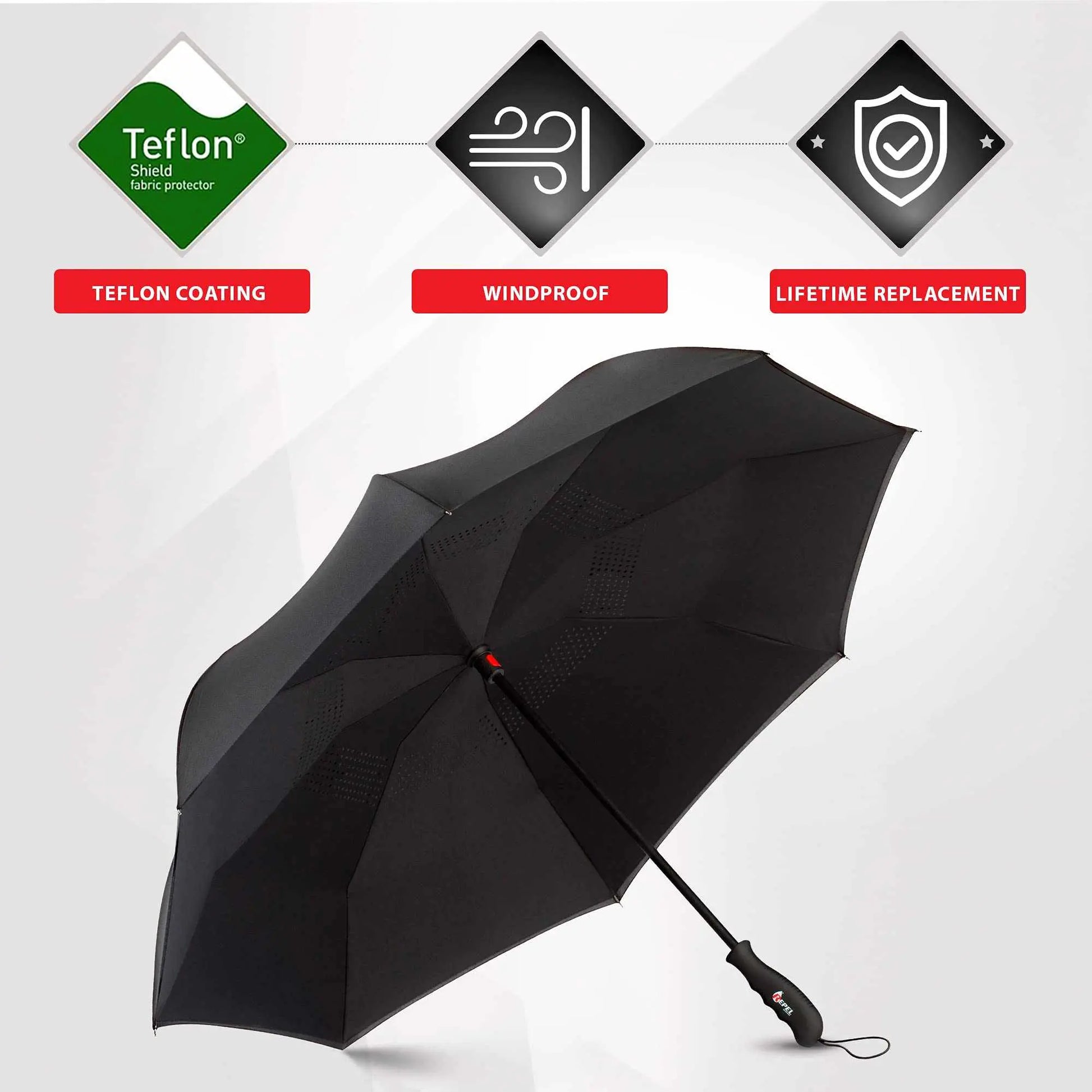 Repel Umbrella Windproof travel umbrella with black waterproof canopy, strong fiberglass frame, and auto open/close function.