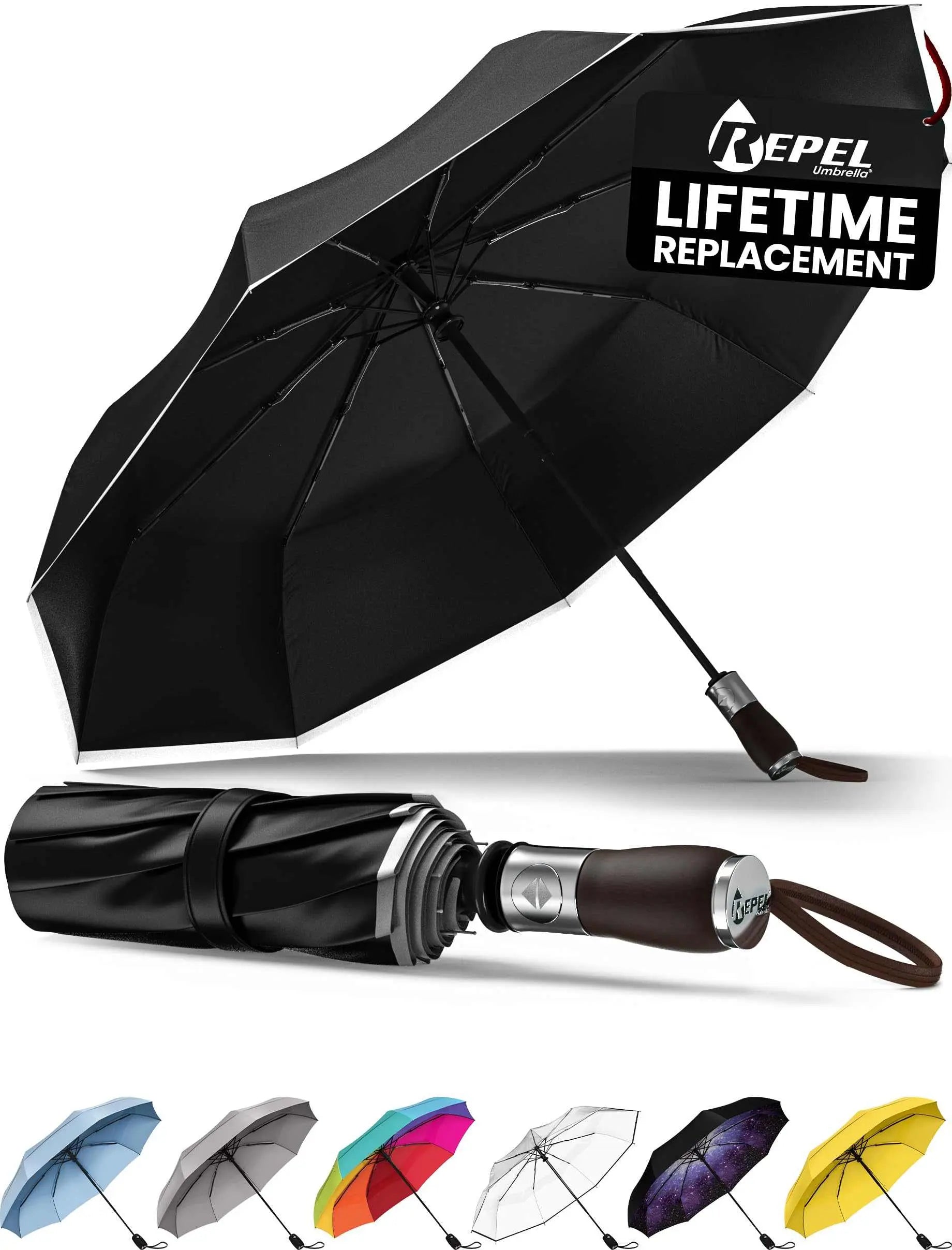 Repel Umbrella Windproof Travel Umbrella with auto open/close, durable black compact design, and waterproof canopy.