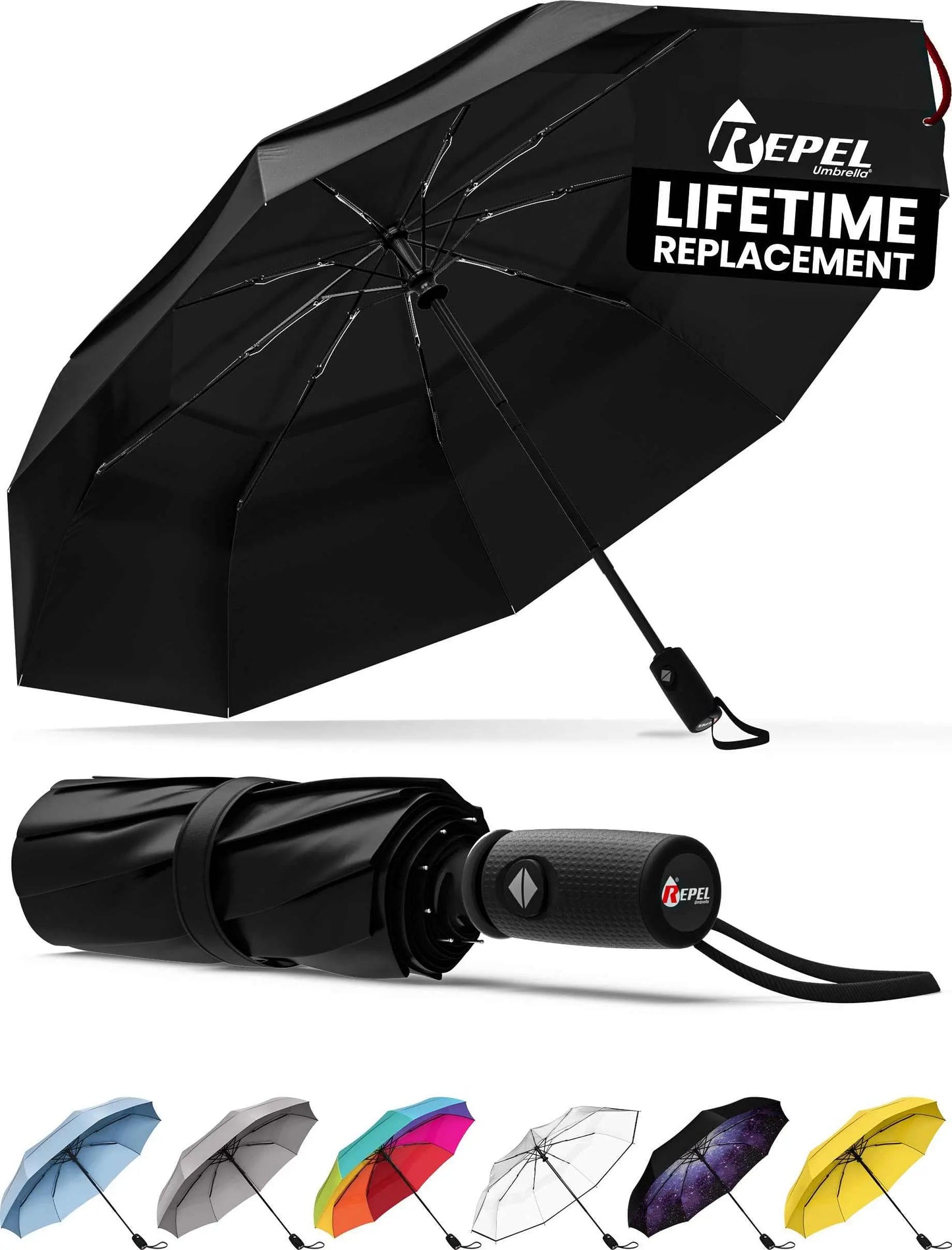 Windproof Repel travel umbrella, durable fiberglass frame, compact and waterproof for easy travel.