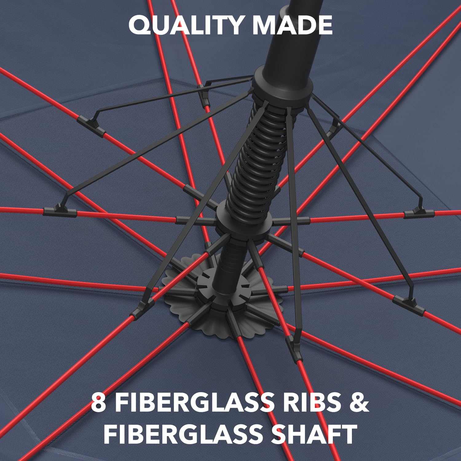 Repel umbrella windproof travel umbrella showing 8 fiberglass ribs and shaft, highlighting quality and durability.