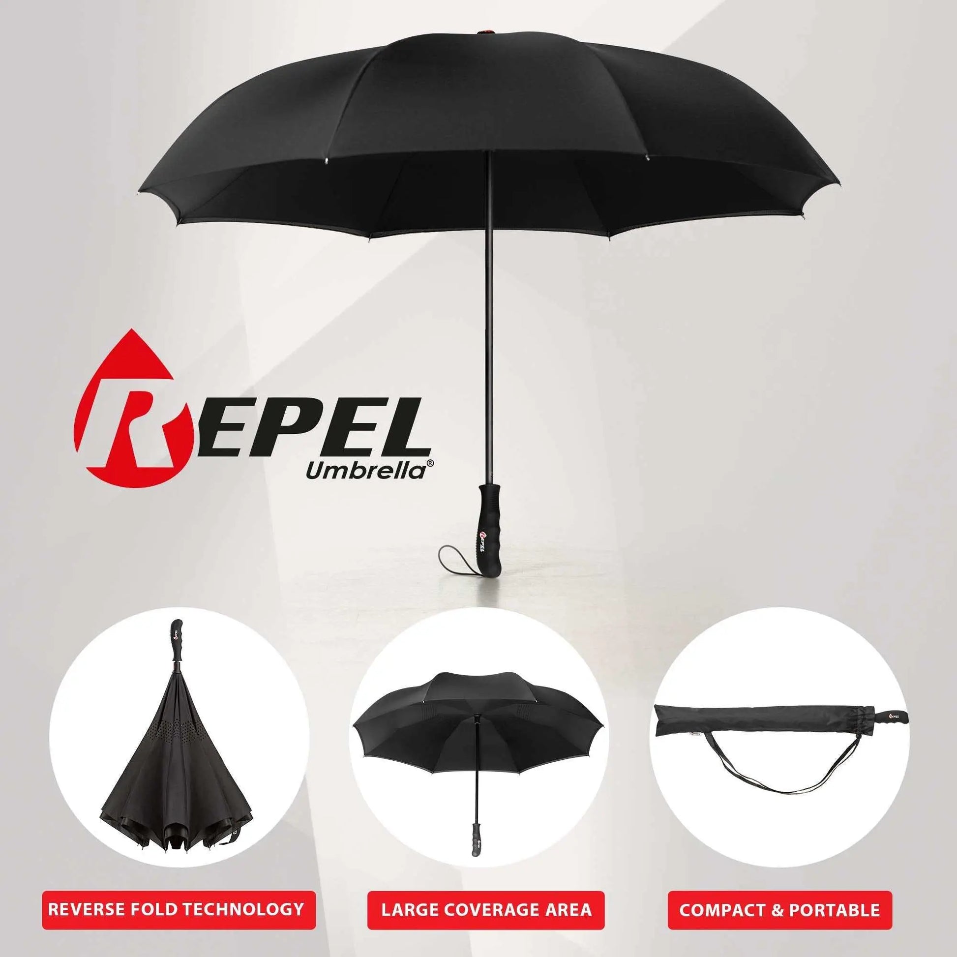 Repel Umbrella Windproof, durable and compact travel umbrella with auto open/close, strong fiberglass frame, waterproof canopy.
