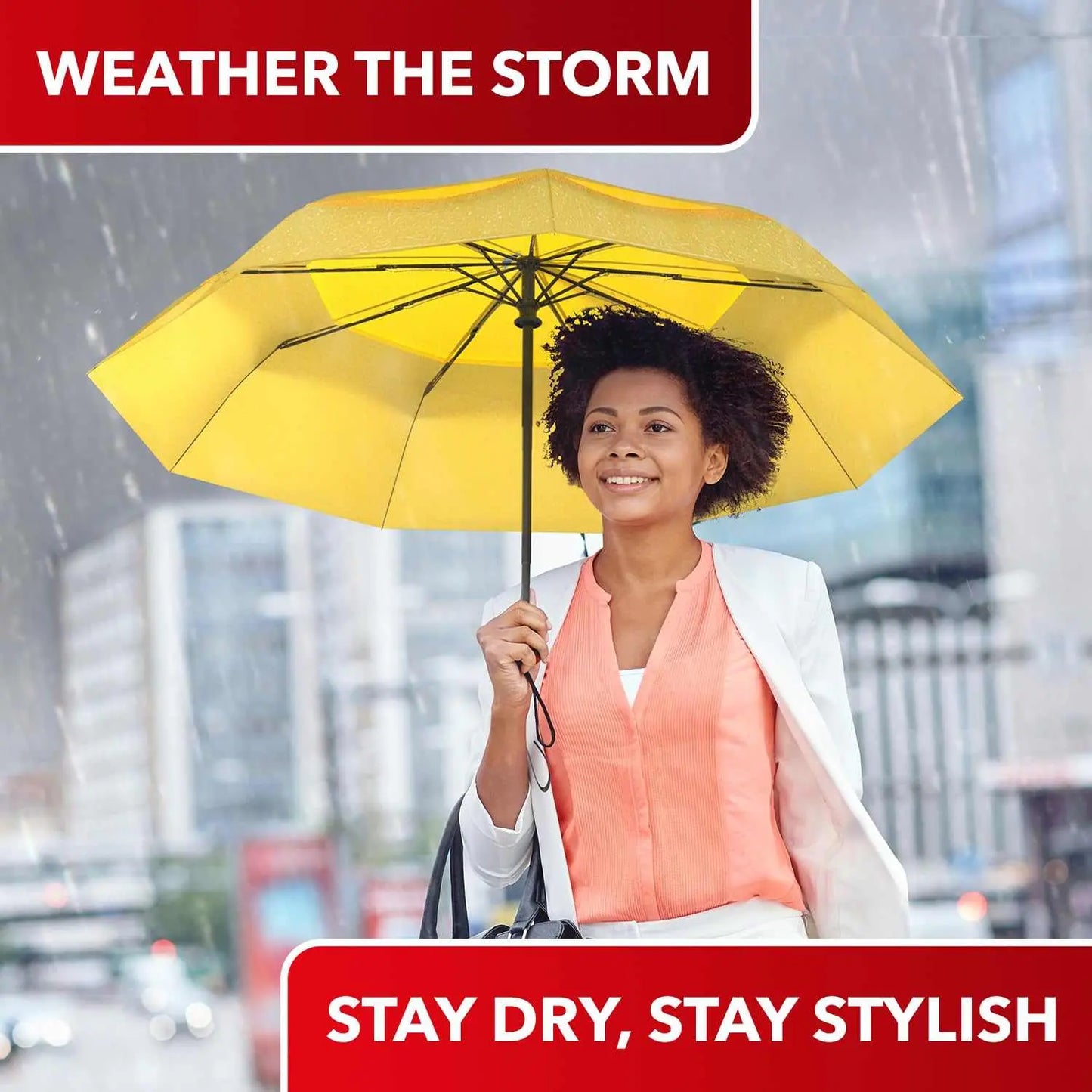 Windproof travel umbrella with yellow canopy in rain, featuring auto open/close and sturdy fiberglass frame.