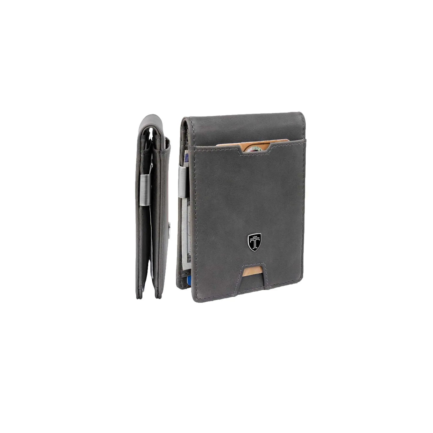 TRAVANDO Mens Slim Wallet with money clip, RFID blocking, carbon finish, bifold design.