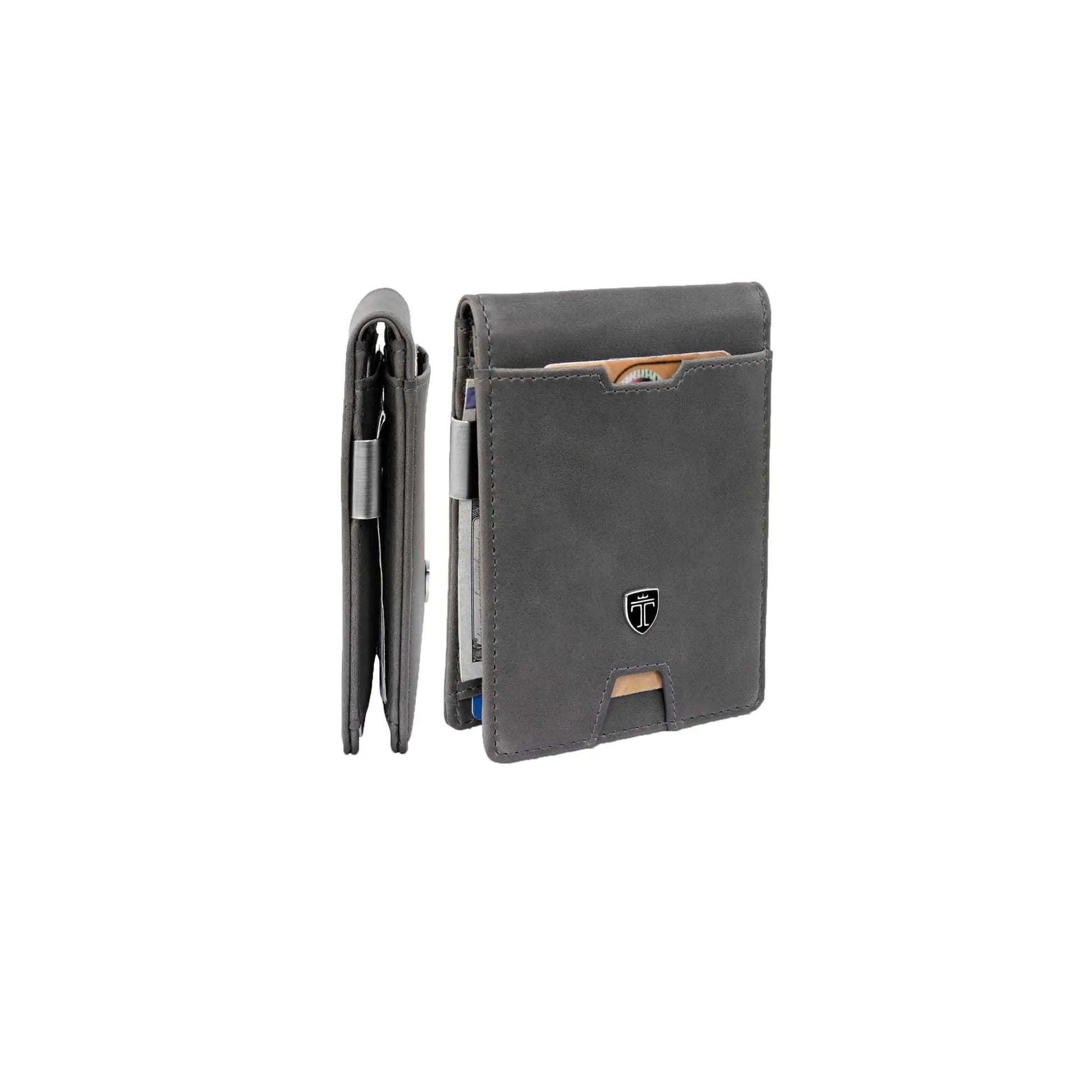 TRAVANDO Mens Slim Wallet with money clip, RFID blocking, carbon finish, bifold design.