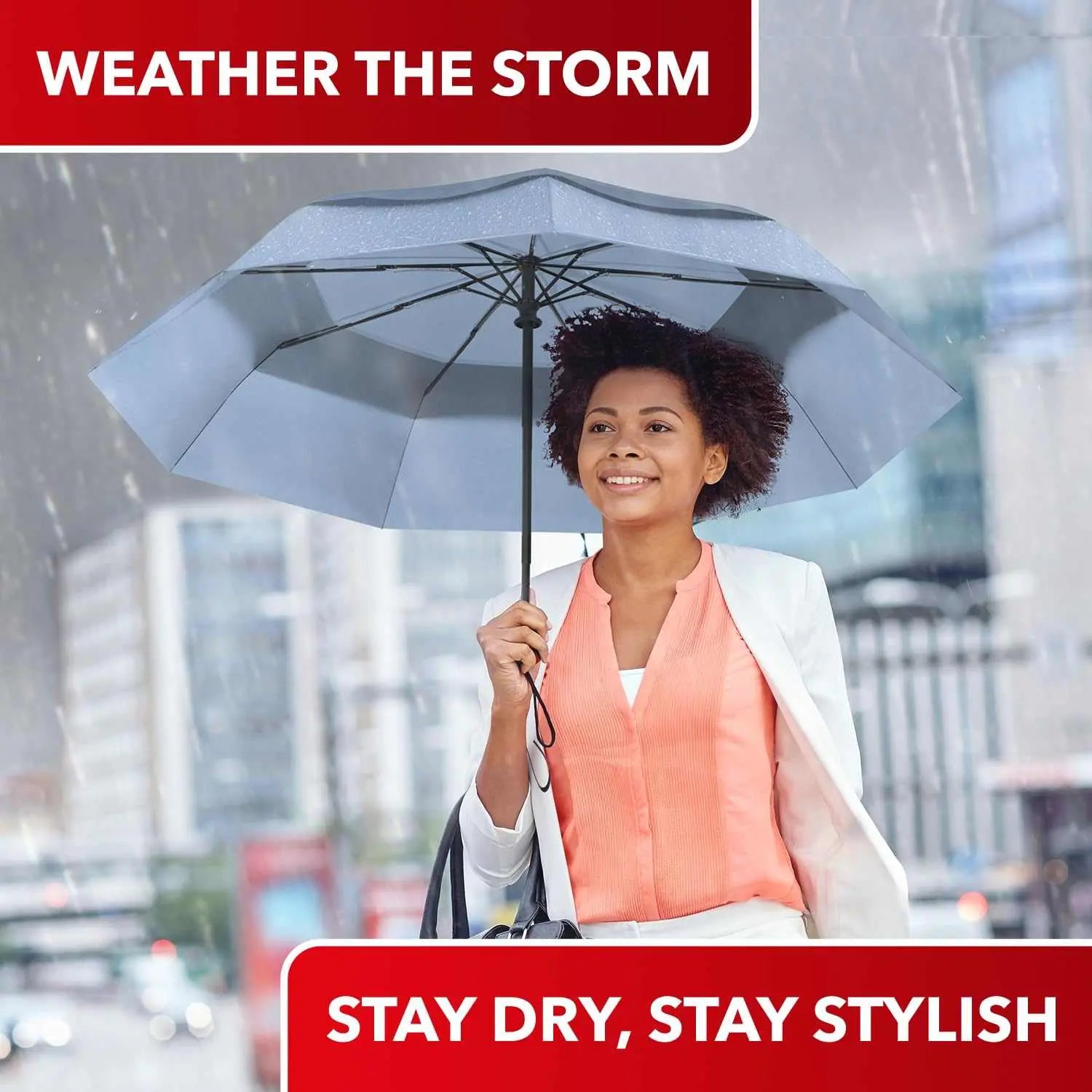 Repel Umbrella Windproof travel umbrella in use during rain, featuring a durable fiberglass frame and waterproof canopy.