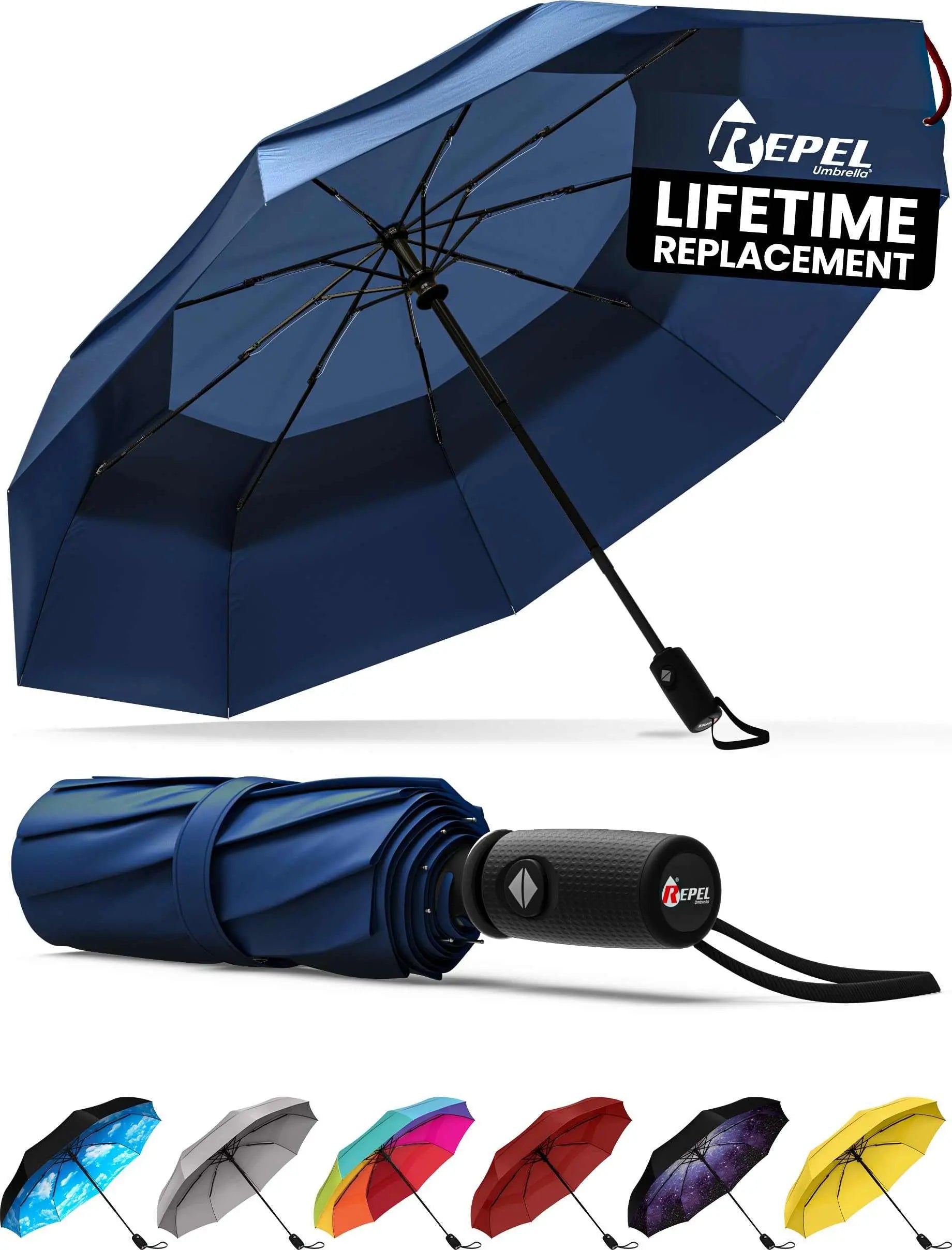 Repel Umbrella Windproof Travel Umbrella with auto open close, durable compact design, and strong fiberglass frame.