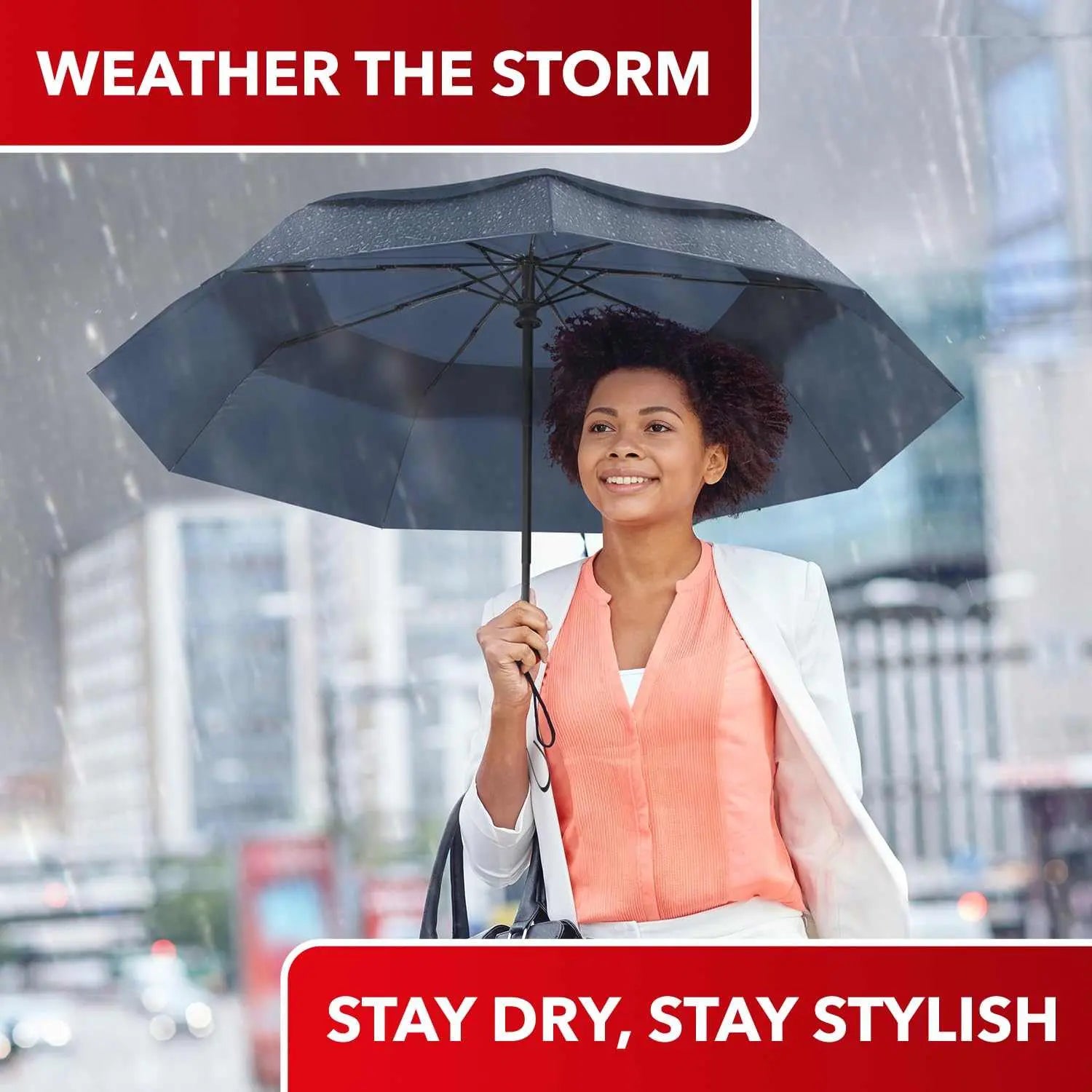 Woman holding a Repel Umbrella Windproof Travel umbrella in the rain, displaying its durability and compact design for stylish weather protection.
