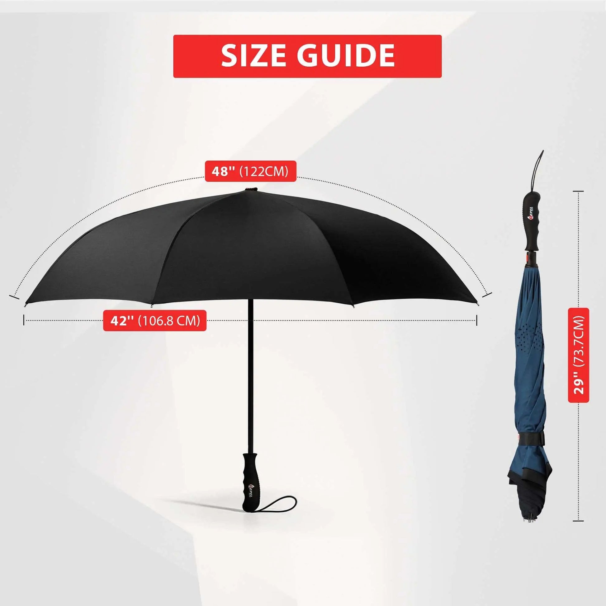 Size guide for Repel Umbrella Windproof, showing open and closed dimensions in inches and centimeters.