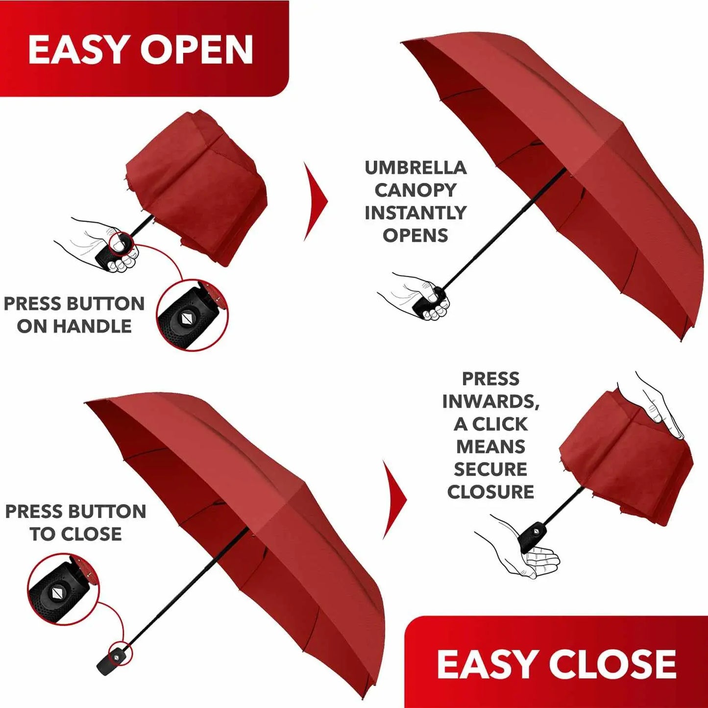 Repel Umbrella Windproof features easy auto open/close buttons, durable and compact design, red color.