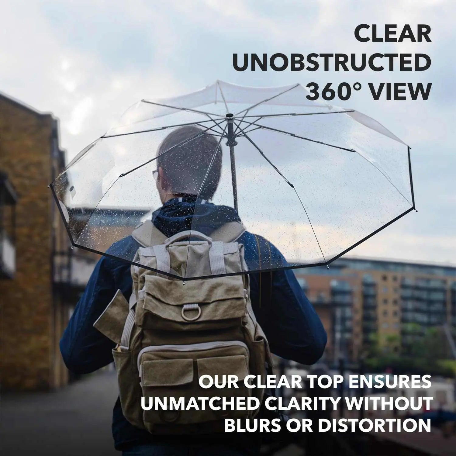 Windproof Repel Umbrella with clear canopy offering unobstructed view; portable and durable for travel.