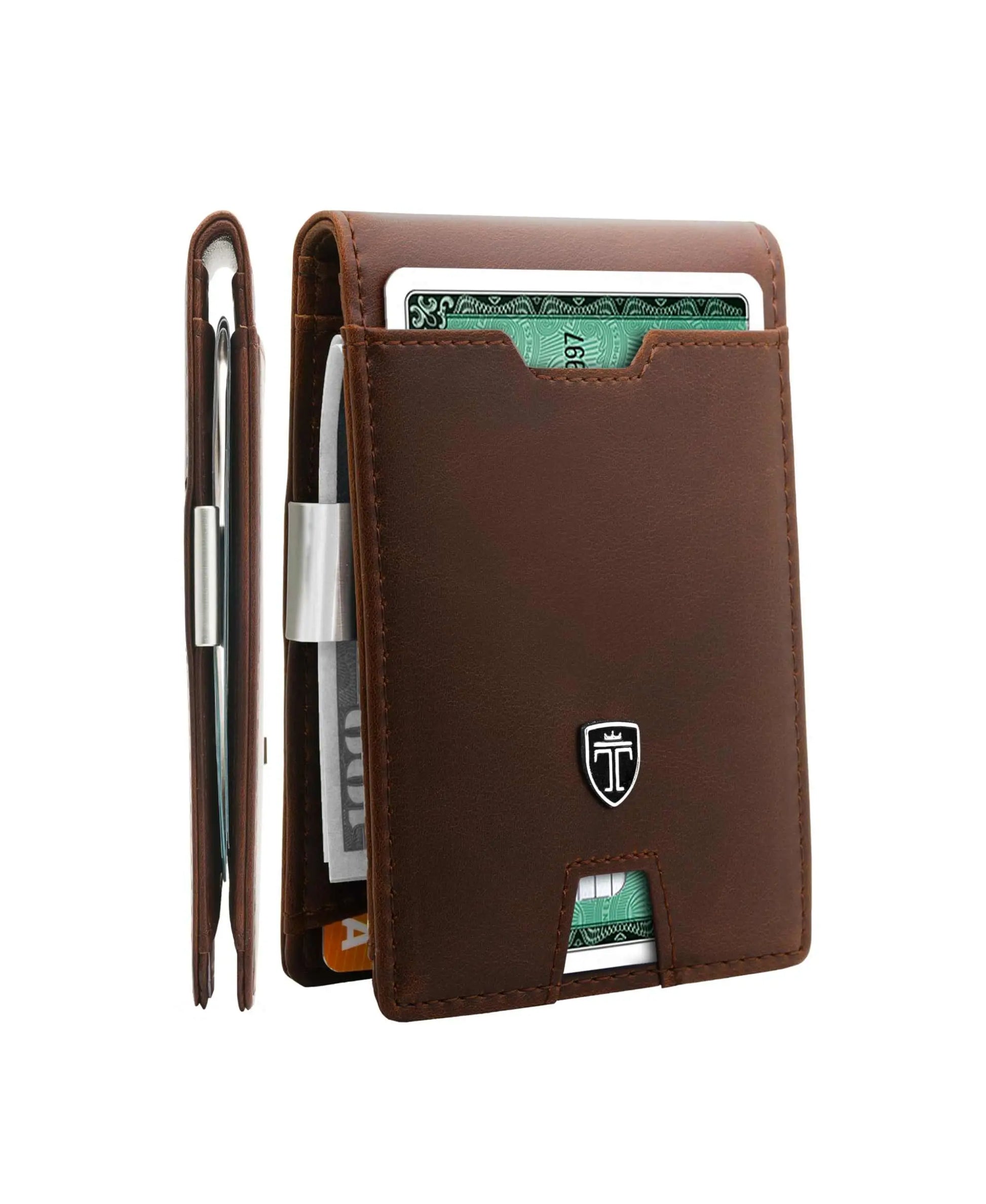 TRAVANDO Mens Slim Wallet with Money Clip in brown leather, featuring RFID blocking and card pockets.