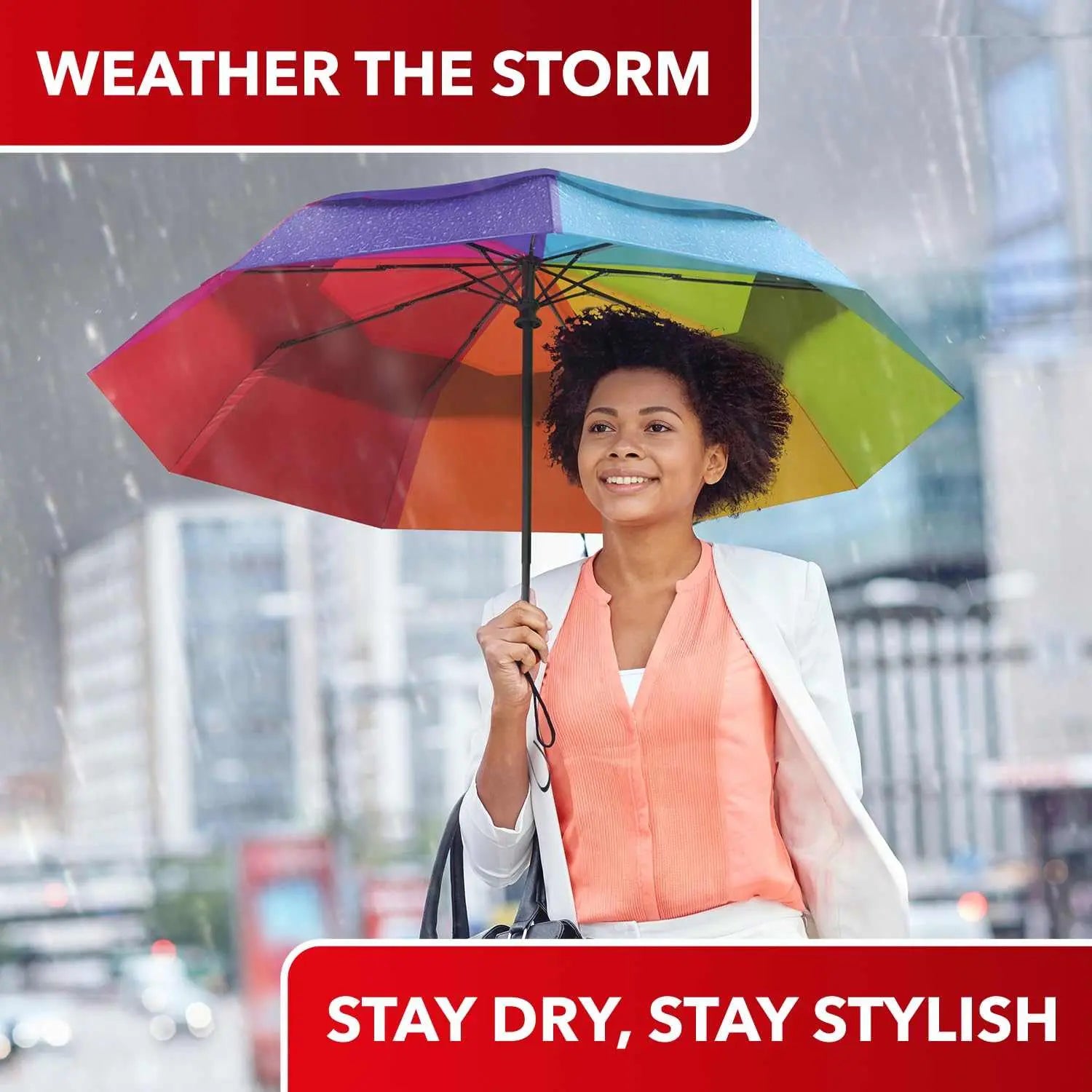 Colorful Repel Umbrella Windproof opened in rain held by a smiling person, showcasing durability and style.