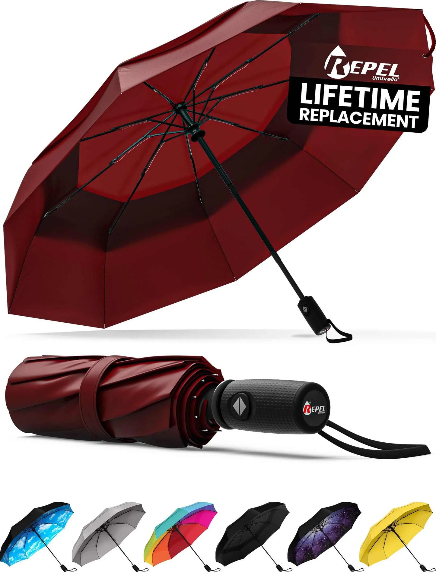 Repel Umbrella Windproof, compact and durable with auto open/close, ideal for travel, featuring strong fiberglass frame and waterproof canopy.