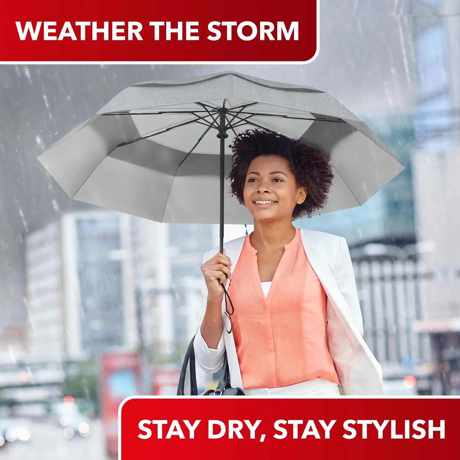 Windproof travel umbrella with strong fiberglass frame, easy auto open/close, and waterproof canopy for reliable protection.