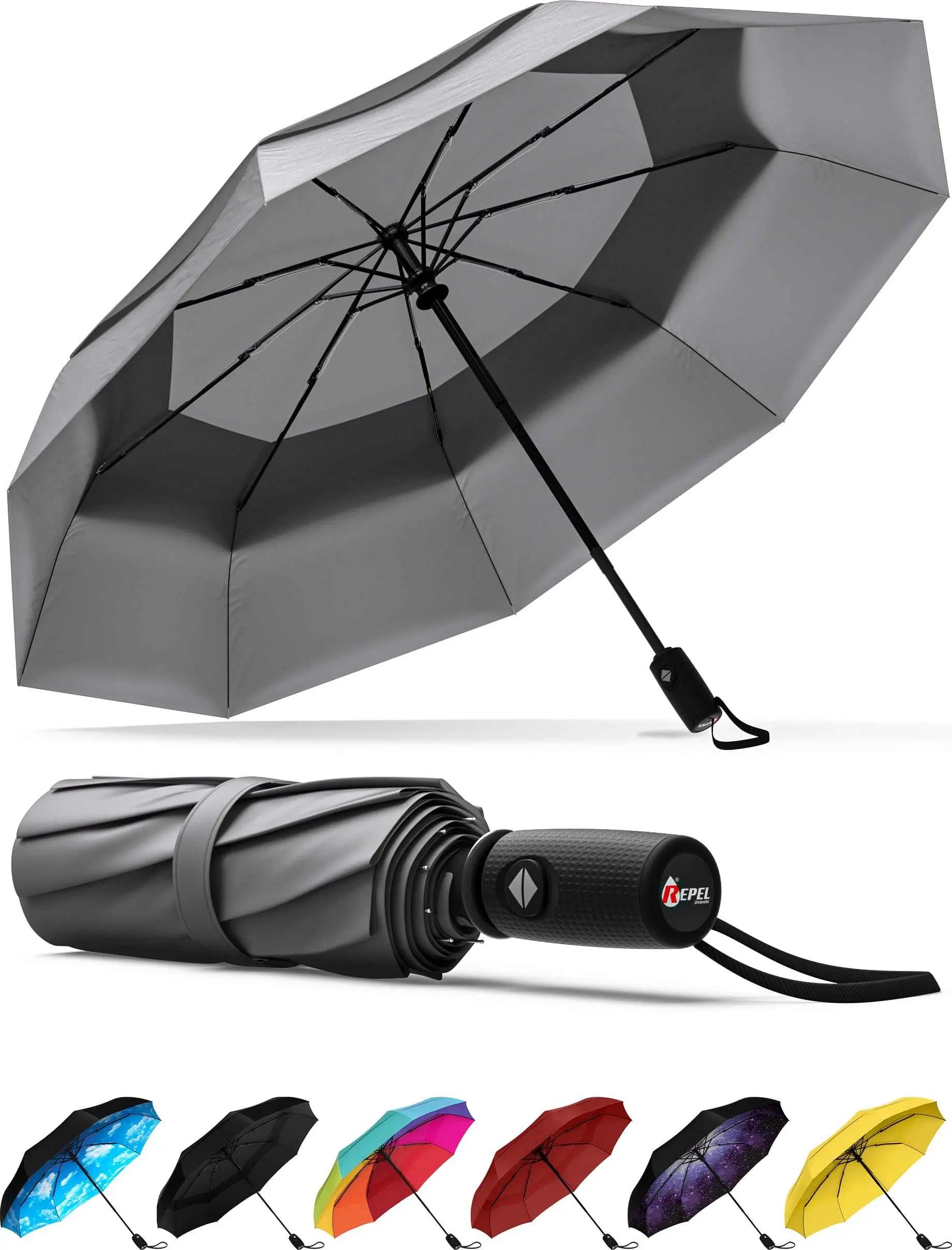 Windproof travel umbrella with durable fiberglass frame, auto open/close, lightweight and compact design for portability.