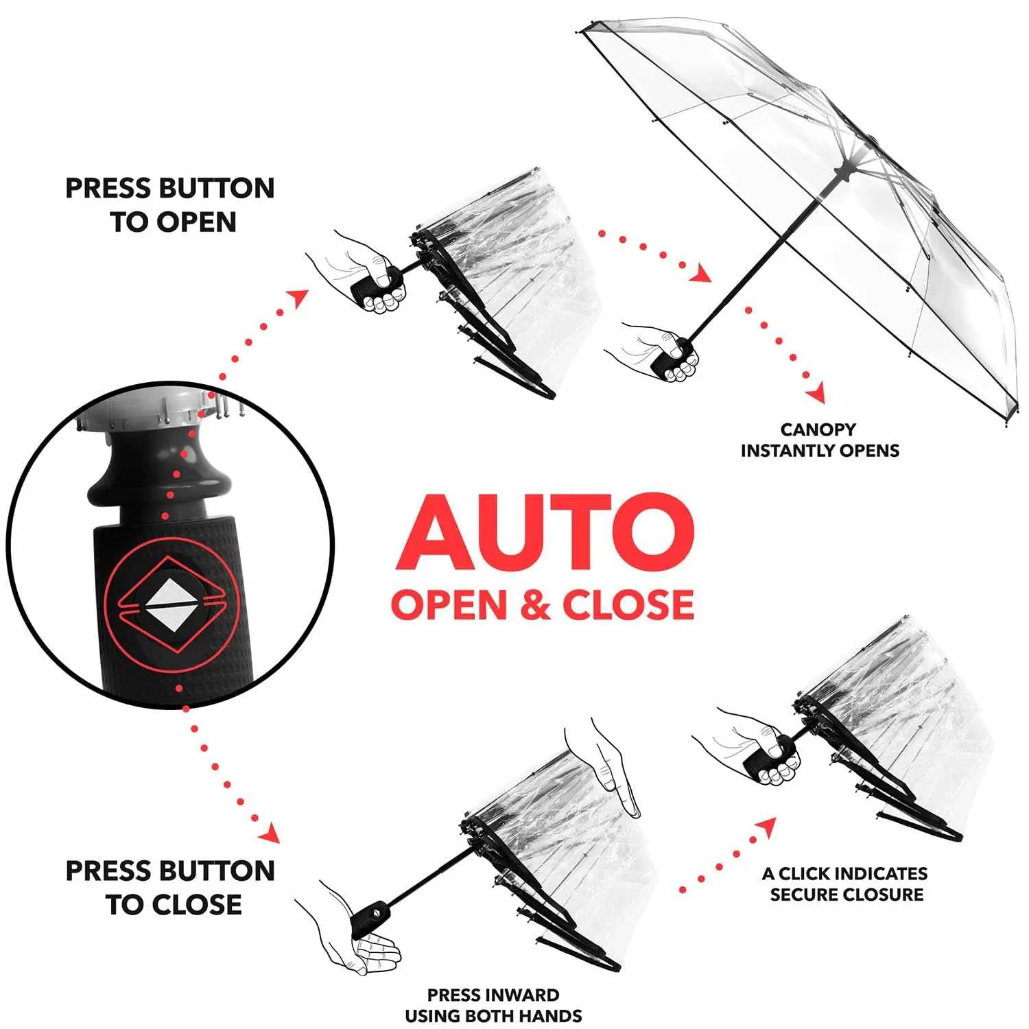 Windproof Repel umbrella with auto open/close, lightweight, compact design, strong fiberglass frame, waterproof canopy.