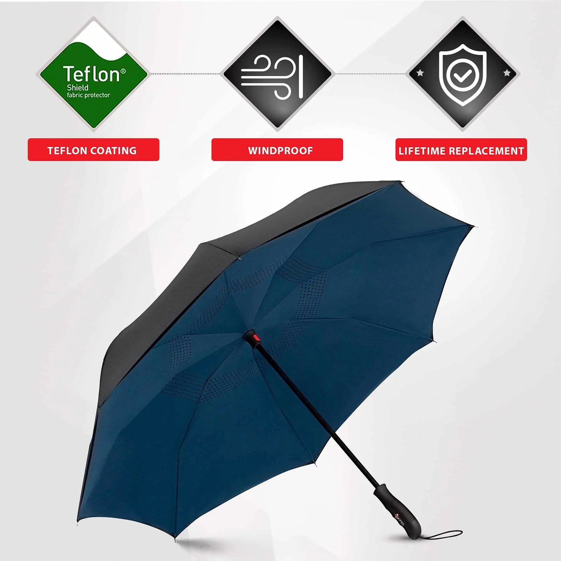 Windproof travel umbrella with Teflon coating, auto open/close feature, and waterproof canopy.