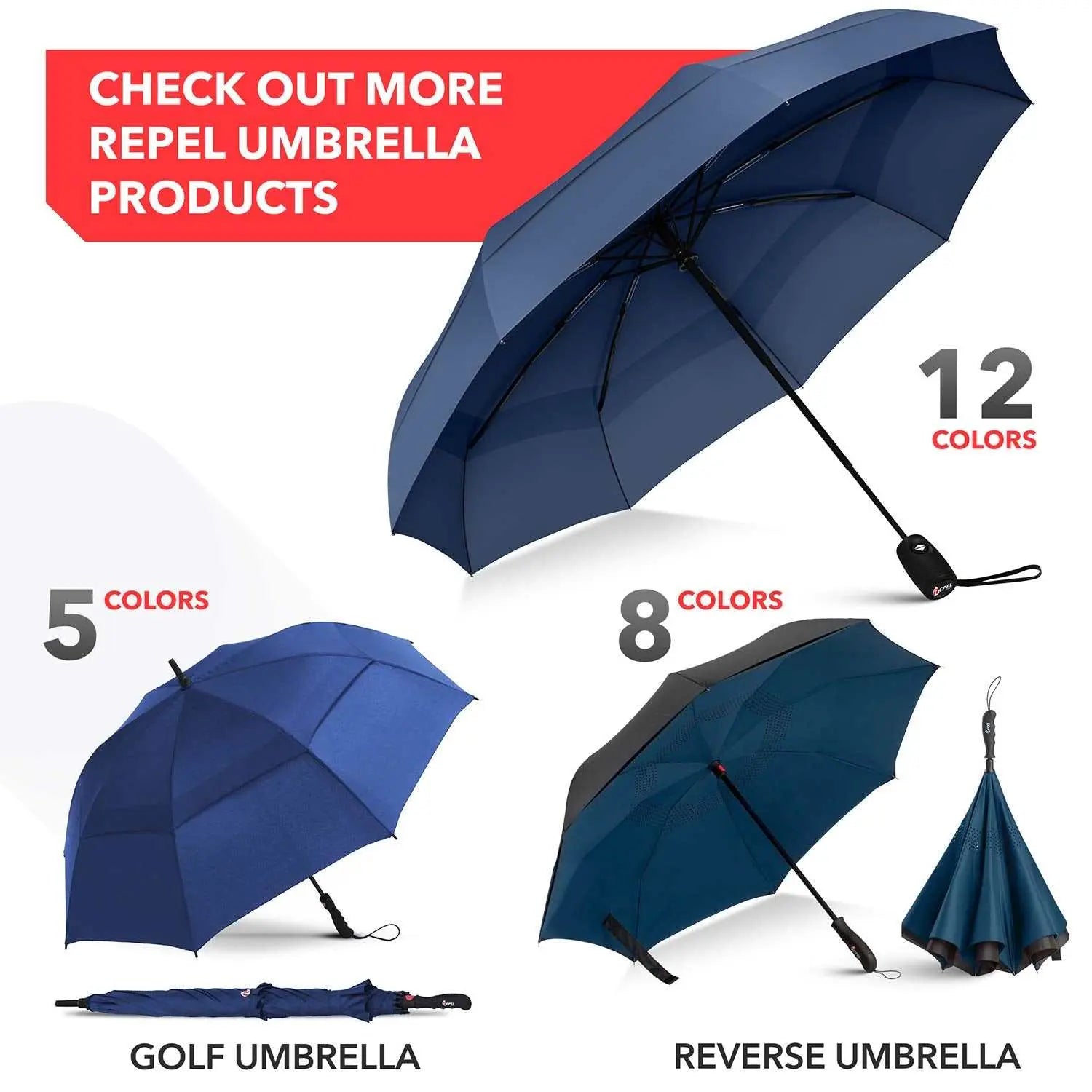 Repel Umbrella Windproof Travel Umbrella in various colors, featuring a durable frame and waterproof canopy, ideal for travel and outdoor use.