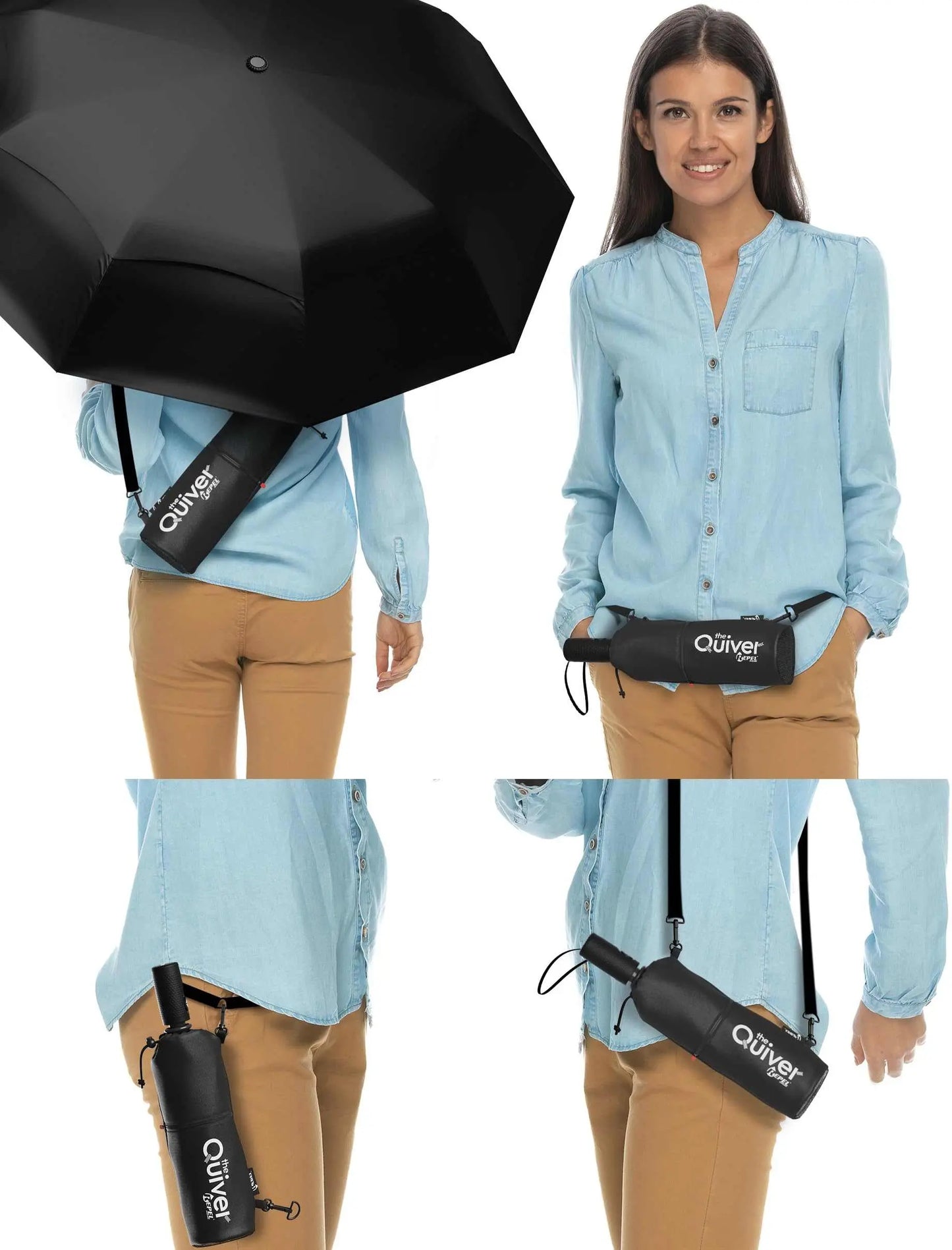 Repel Umbrella Windproof Travel Umbrella; compact, durable black umbrella with strong fiberglass frame, waterproof canopy; ideal for travel, purse, backpack.