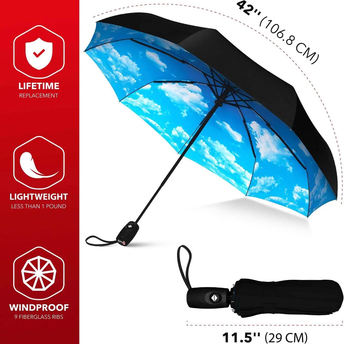 Repel Umbrella Windproof, durable travel umbrella with auto open/close, fiberglass frame, waterproof canopy, compact for backpack or purse.