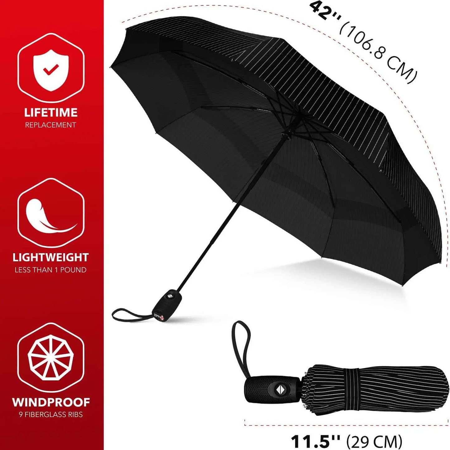 Repel Umbrella Windproof travel umbrella, black, strong fiberglass frame, waterproof canopy, auto open/close, compact and lightweight design for backpacks and purses.