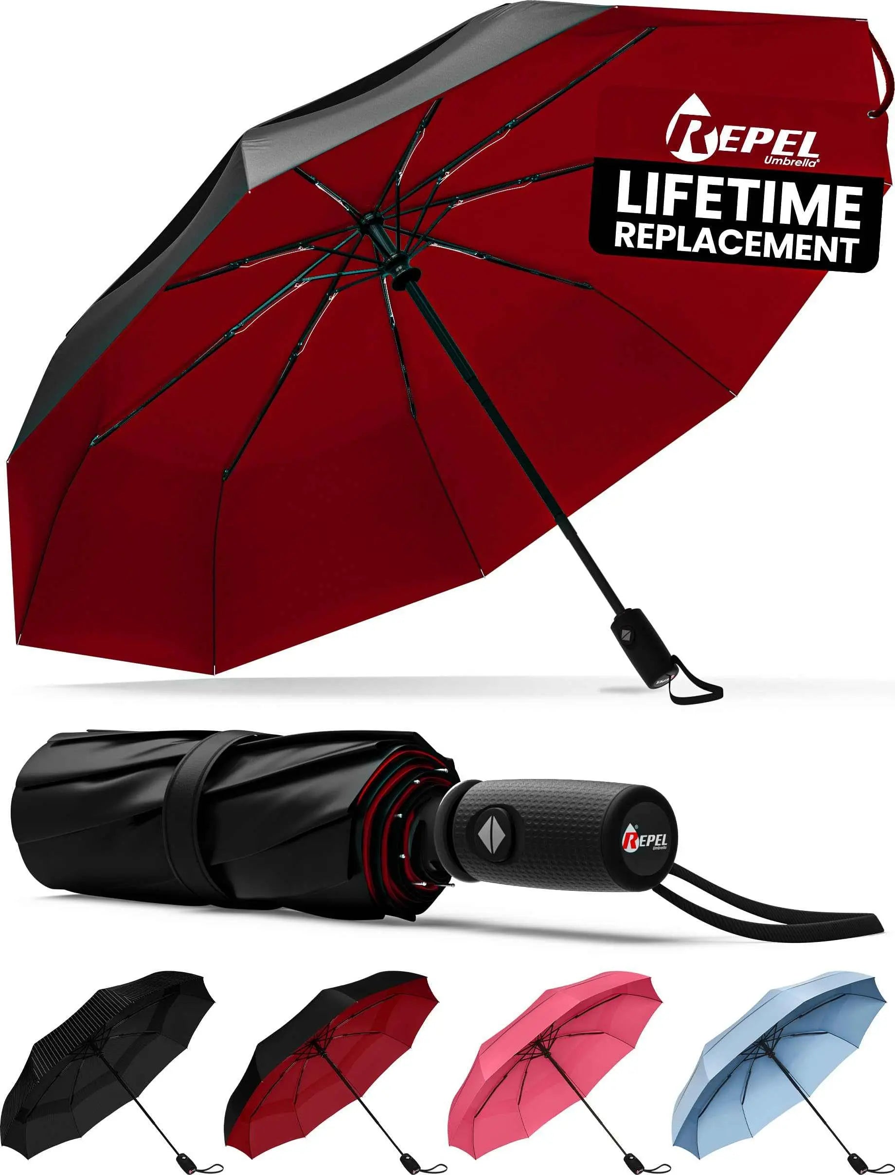 Repel windproof travel umbrella, compact and durable, with auto open/close, fiberglass frame, waterproof canopy, ideal for backpacks and purses.