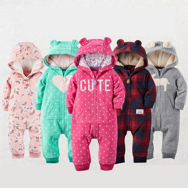 Cozy long-sleeved fleece romper for babies in various colors and styles, perfect for all seasons.