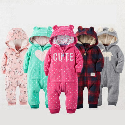 Cozy long-sleeved fleece romper for babies in various colors and styles, perfect for all seasons.