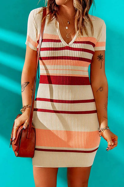 Contrast striped Johnny collar mini dress with short sleeves, slightly stretchy fabric.