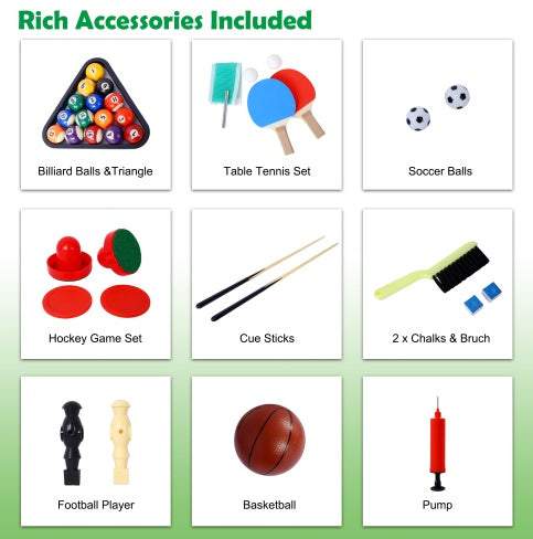 Rich accessories included for 5-in-1 game table: billiard balls, table tennis set, soccer balls, hockey set, cue sticks, chalks, foosball player, basketball, pump.