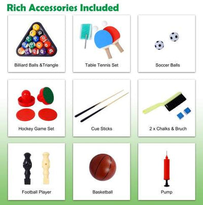 Rich accessories included for 5-in-1 game table: billiard balls, table tennis set, soccer balls, hockey set, cue sticks, chalks, foosball player, basketball, pump.