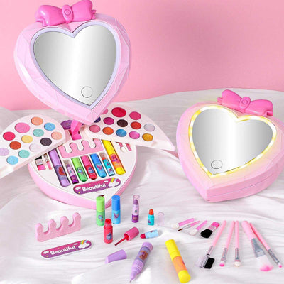 Complete makeup set with LED mirror, colorful makeup, brushes, and accessories for girls.