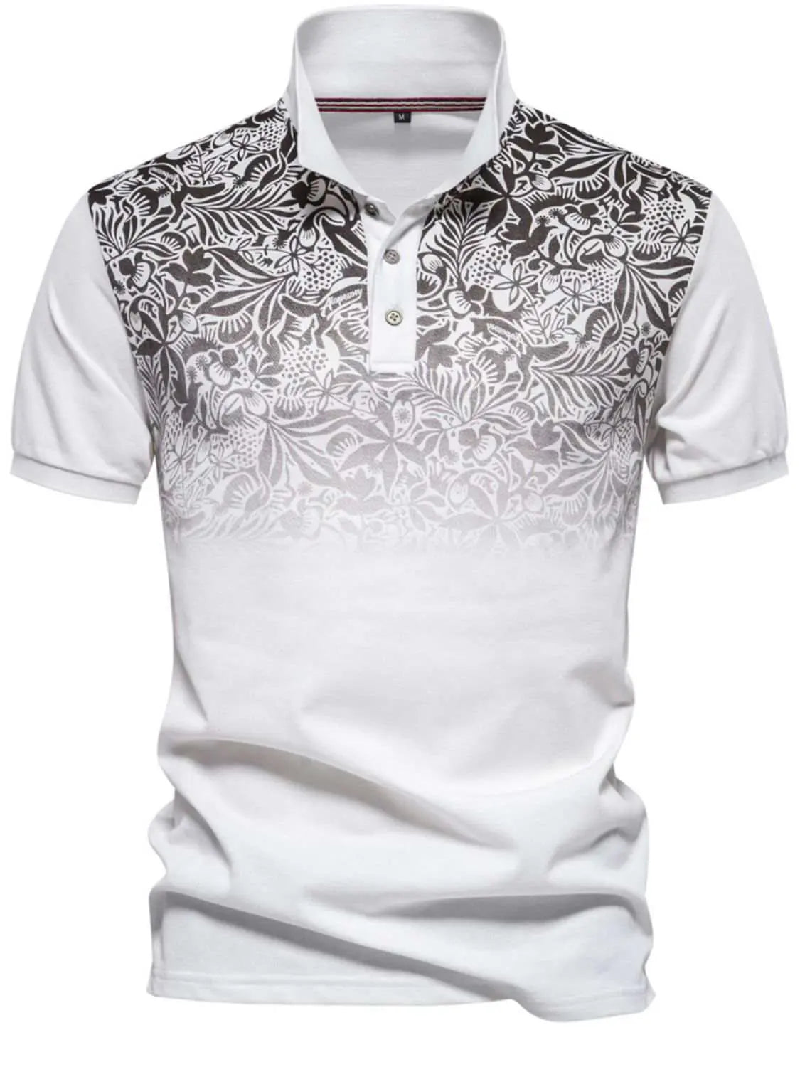 Men's printed collared neck short sleeve polo shirt with black floral design.
