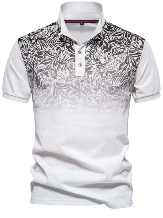 Men's printed collared neck short sleeve polo shirt with black floral design.