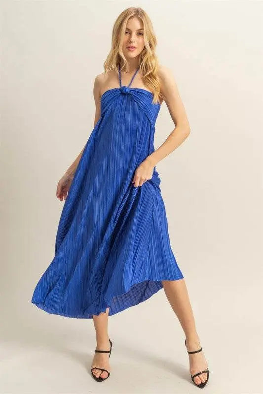 HYFVE Knotted Detail Halter Neck Flowy Maxi Dress in blue, featuring a knotted halter neck design and elegant flowy silhouette, perfect for special occasions.
