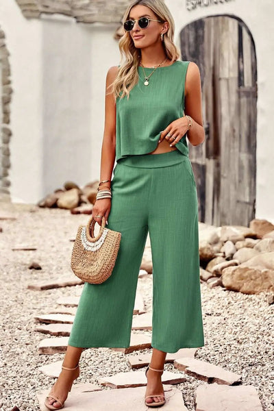 Buttoned round neck tank and wide leg pants set in green with pocket detail.