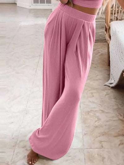 Full size round neck short sleeve top and pants set in pink, plus size, slightly stretchy fabric.